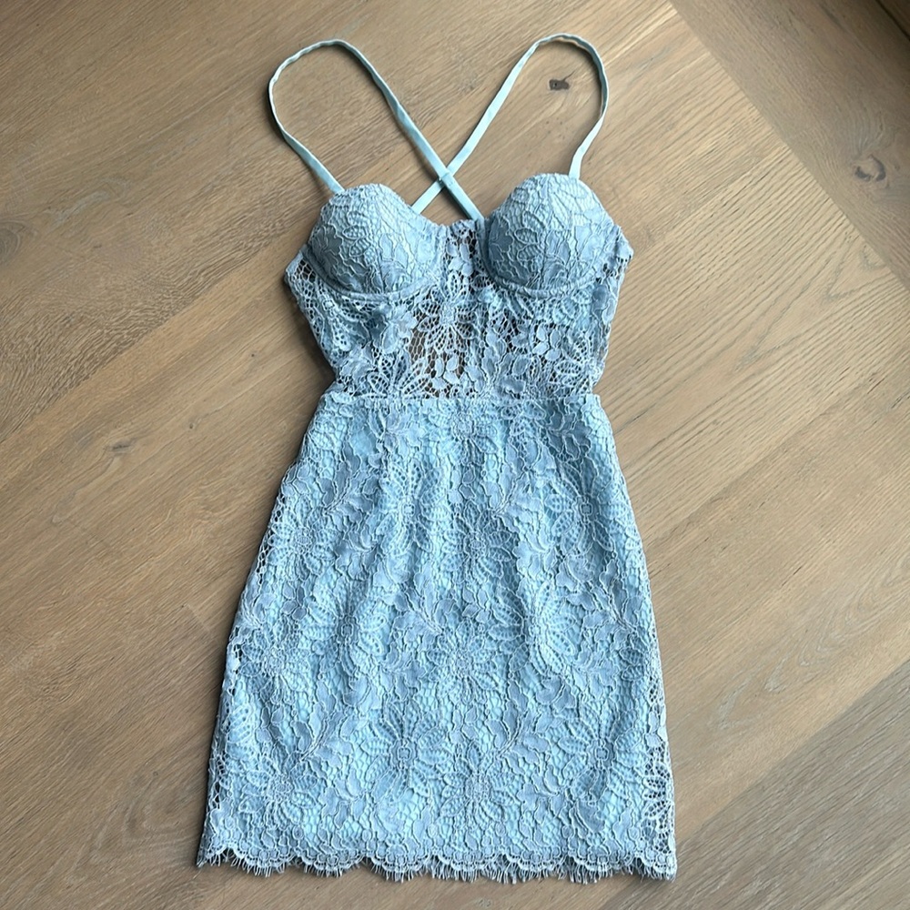 Lace dress with corset, cross straps, bluePerfect for prom or formal NBD x Naven